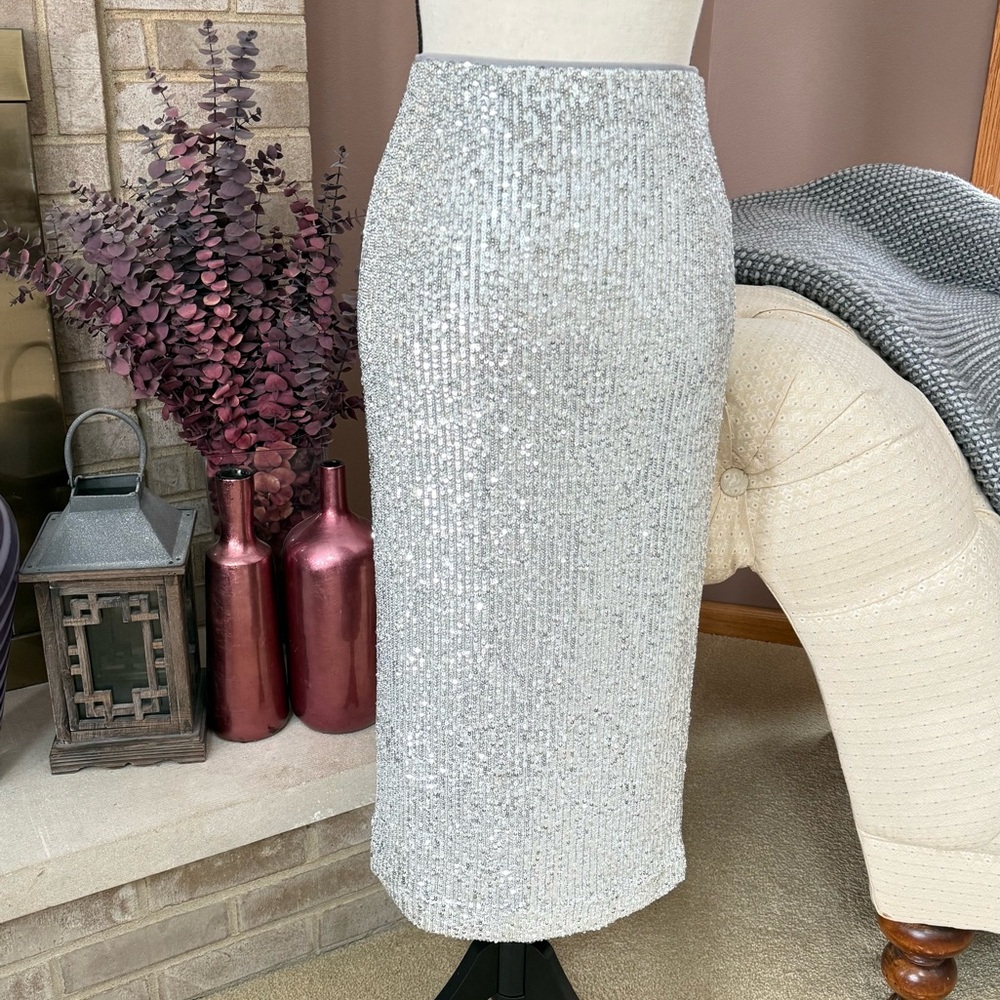 ANN TAYLOR Sequin Column Midi Pencil Skirt - Silver